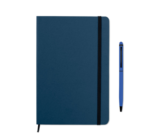 Agenda notebook A5 cu elastic, semn de carte si pix albastru inchis
