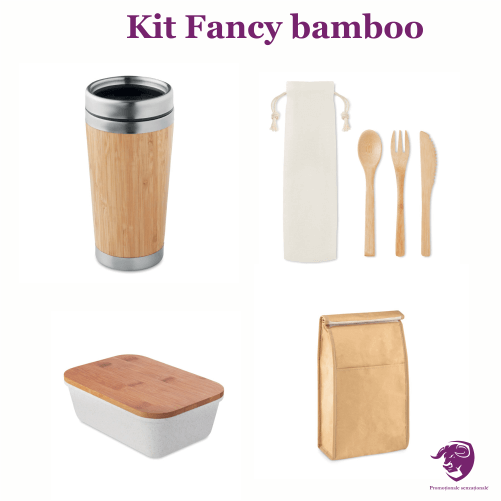 KIT Fancy bamboo: termos otel inoxidabil si bambus 400 ml; set tacamuri (lingurita, furculita si cutit) din bambus si saculet bumbac organic; caserola capac bambus si corp din bambus si polipropilena; punga termoizolanta din hartie tesuta pentru alimente, capacitate 7 litri.