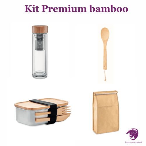 KIT Premium bamboo: sticla cu pereti dubli rezistenti, capacitate 420 ml, infuzor ceai detasabil, capac din bambus; lingura din bambus pentru salata; caserola din inox cu tacamuri (furculita si cutit) si capac din bambus; punga termoizolanta din hartie tesuta pentru alimente, capacitate 7 litri.
